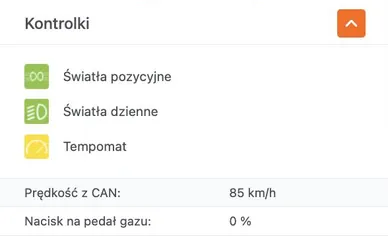 Zbliżenie zakładki CAN: kontrolki świateł pozycyjnych, świateł dziennych i tempomatu, prędkość z CAN 85 km/h i nacisk na pedał gazu