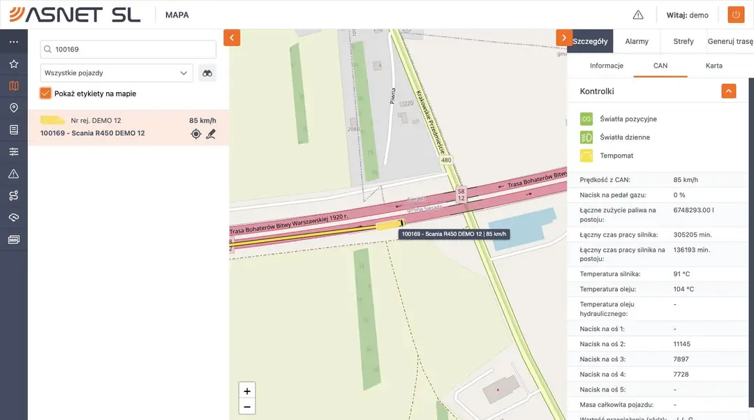 Ekran Mapa w aplikacji, zakładka CAN: kontrolki świateł i tempomatu, prędkość z CAN, czas pracy silnika, temperatura silnika i oleju oraz naciski na osie ciężarówki