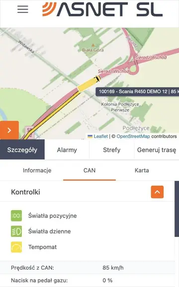 Ta sama aplikacja na telefonie: mapa z pojazdem i zakładka CAN z kontrolkami oraz prędkością z CAN
