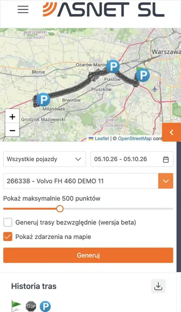 Ta sama aplikacja na telefonie: mapa z przejazdem i formularz historii tras pod nią