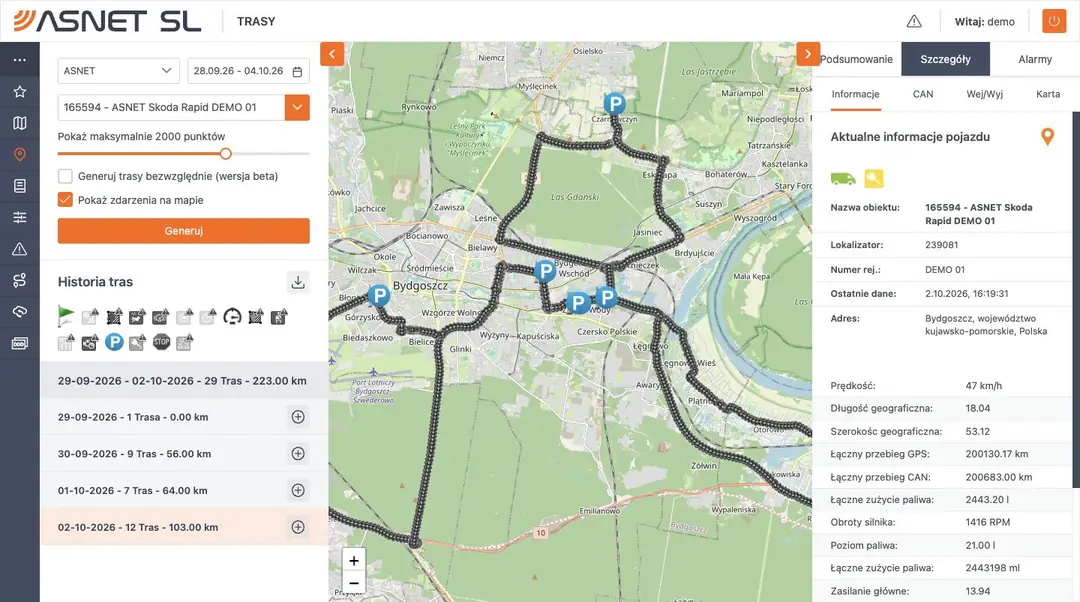 Ekran Trasy w aplikacji: trasa dnia na mapie z postojami i dane wybranego punktu: prędkość, przebieg z GPS i z CAN, obroty silnika, poziom paliwa