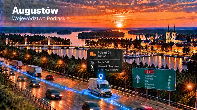 Monitoring GPS pojazdów w Augustowie: dostawczak z lokalizatorem GPS na trasie, panorama miasta
