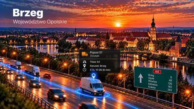 Monitoring GPS pojazdów w Brzegu: dostawczak z lokalizatorem GPS na trasie, panorama miasta