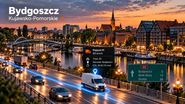 Monitoring GPS pojazdów w Bydgoszczy: dostawczak z lokalizatorem GPS na trasie, panorama miasta