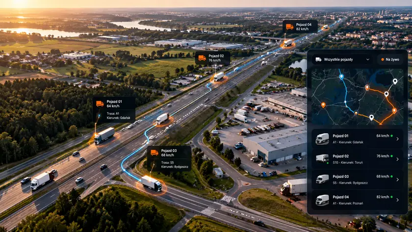 Flota pojazdów z lokalizatorami GPS na trasie i panel aplikacji flota.asnetgps.pl z listą pojazdów na żywo