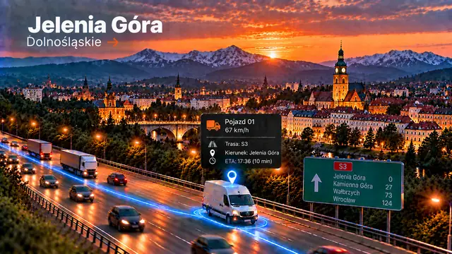 Monitoring GPS pojazdów w Jeleniej Górze: dostawczak z lokalizatorem GPS na trasie, panorama miasta