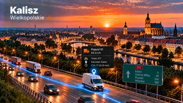 Monitoring GPS pojazdów w Kaliszu: dostawczak z lokalizatorem GPS na trasie, panorama miasta