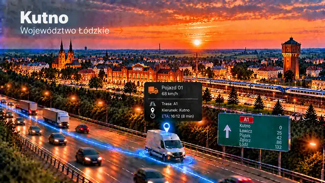 Monitoring GPS pojazdów w Kutnie: dostawczak z lokalizatorem GPS na trasie, panorama miasta