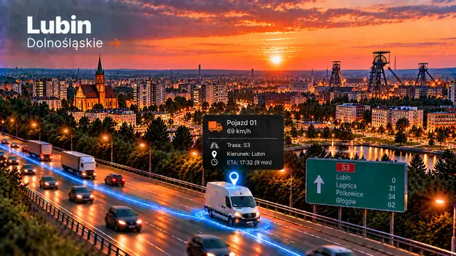 Monitoring GPS pojazdów w Lubinie: dostawczak z lokalizatorem GPS na trasie, panorama miasta