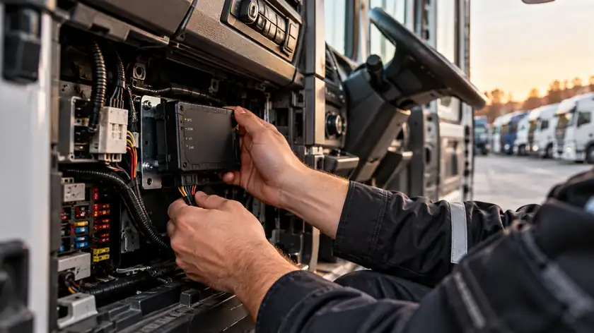 Monter wpina lokalizator GPS w instalację pojazdu obok skrzynki bezpieczników, w tle flota ciężarówek