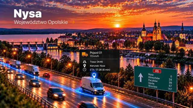 Monitoring GPS pojazdów w Nysie: dostawczak z lokalizatorem GPS na trasie, panorama miasta