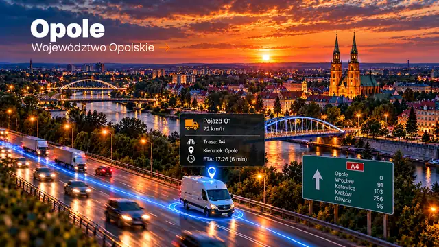 Monitoring GPS pojazdów w Opolu: dostawczak z lokalizatorem GPS na trasie, panorama miasta