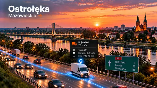Monitoring GPS pojazdów w Ostrołęce: dostawczak z lokalizatorem GPS na trasie, panorama miasta