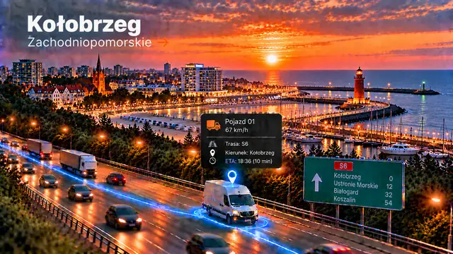 Monitoring GPS pojazdów w Płocku: dostawczak z lokalizatorem GPS na trasie, panorama miasta