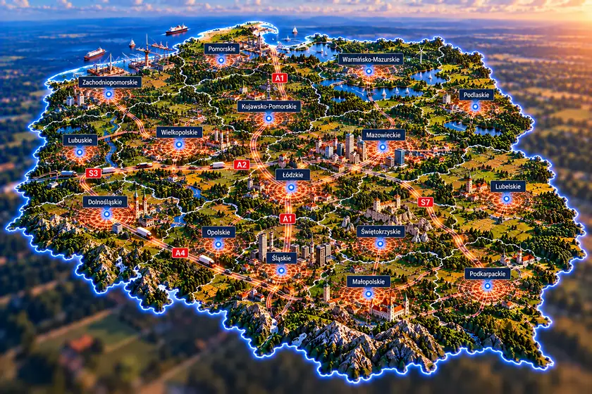Polska z lotu ptaka z zaznaczonymi 16 województwami i głównymi drogami, obszar montażu lokalizatorów GPS
