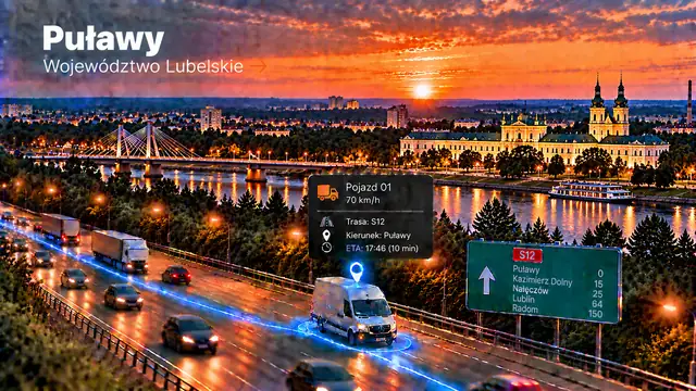 Monitoring GPS pojazdów w Puławach: dostawczak z lokalizatorem GPS na trasie, panorama miasta