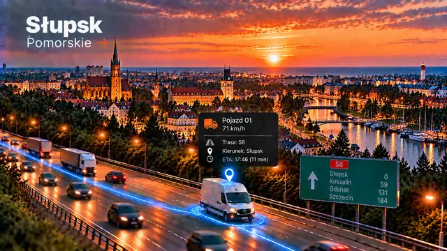 Monitoring GPS pojazdów w Słupsku: dostawczak z lokalizatorem GPS na trasie, panorama miasta