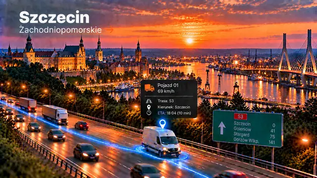 Monitoring GPS pojazdów w Szczecinie: dostawczak z lokalizatorem GPS na trasie, panorama miasta