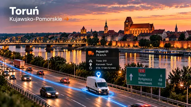 Monitoring GPS pojazdów w Toruniu: dostawczak z lokalizatorem GPS na trasie, panorama miasta
