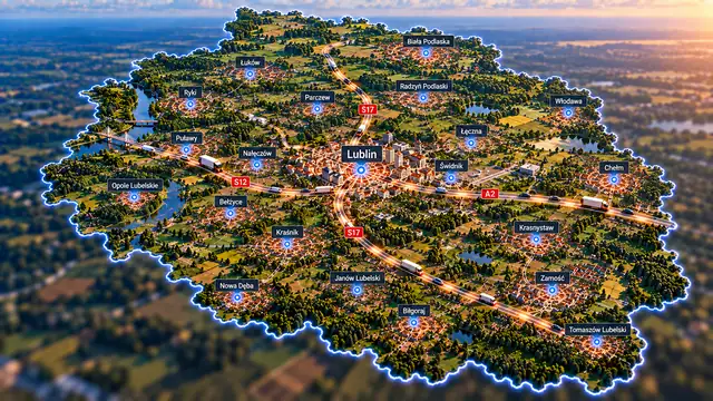 Województwo lubelskie z lotu ptaka: zarys regionu, główne miasta i drogi z pojazdami