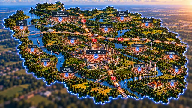 Województwo lubuskie z lotu ptaka: zarys regionu, główne miasta i drogi z pojazdami