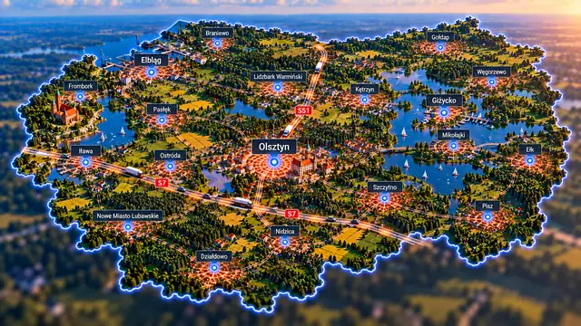 Województwo warmińsko-mazurskie z lotu ptaka: zarys regionu, główne miasta i drogi z pojazdami