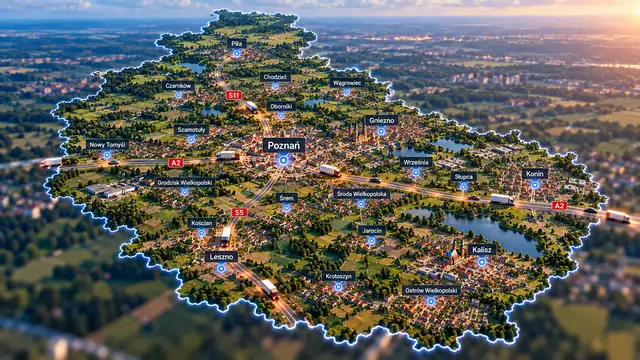 Województwo wielkopolskie z lotu ptaka: zarys regionu, główne miasta i drogi z pojazdami