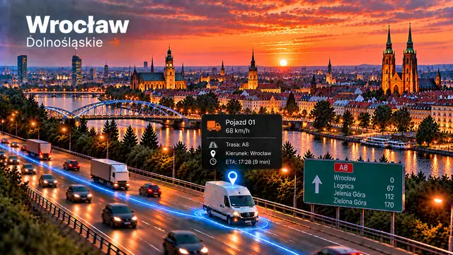 Monitoring GPS pojazdów w Wrocławiu: dostawczak z lokalizatorem GPS na trasie, panorama miasta